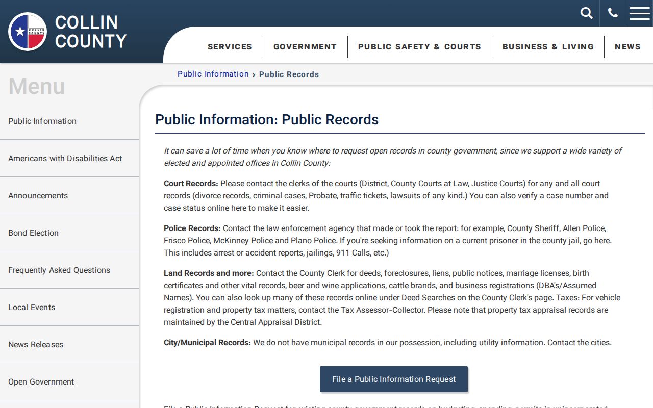 Plano residents directory screenshot of the Collin County public records office map