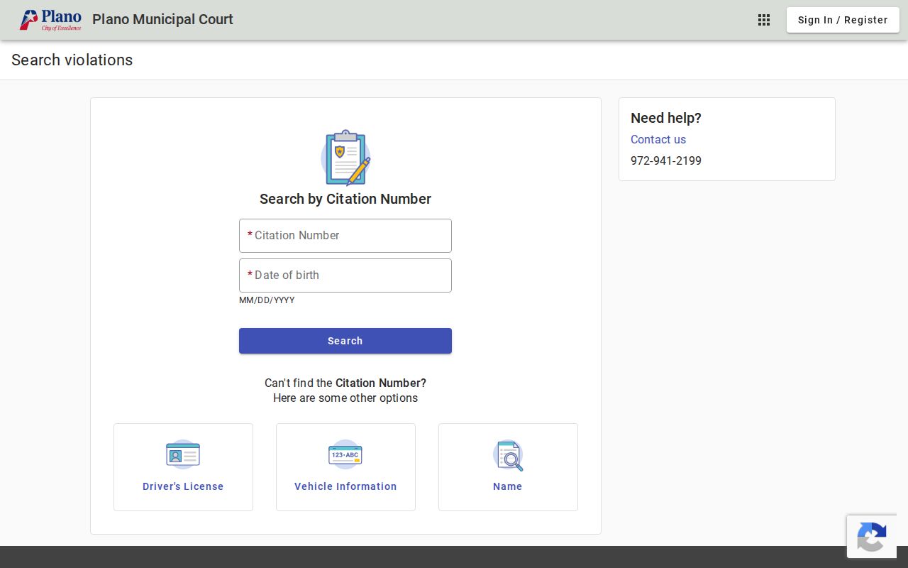 Plano residents directory screenshot of Plano Municipal Court search modes