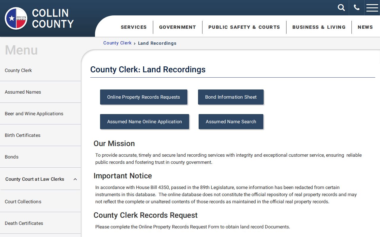Plano residents directory screenshot of Collin County Clerk land recordings