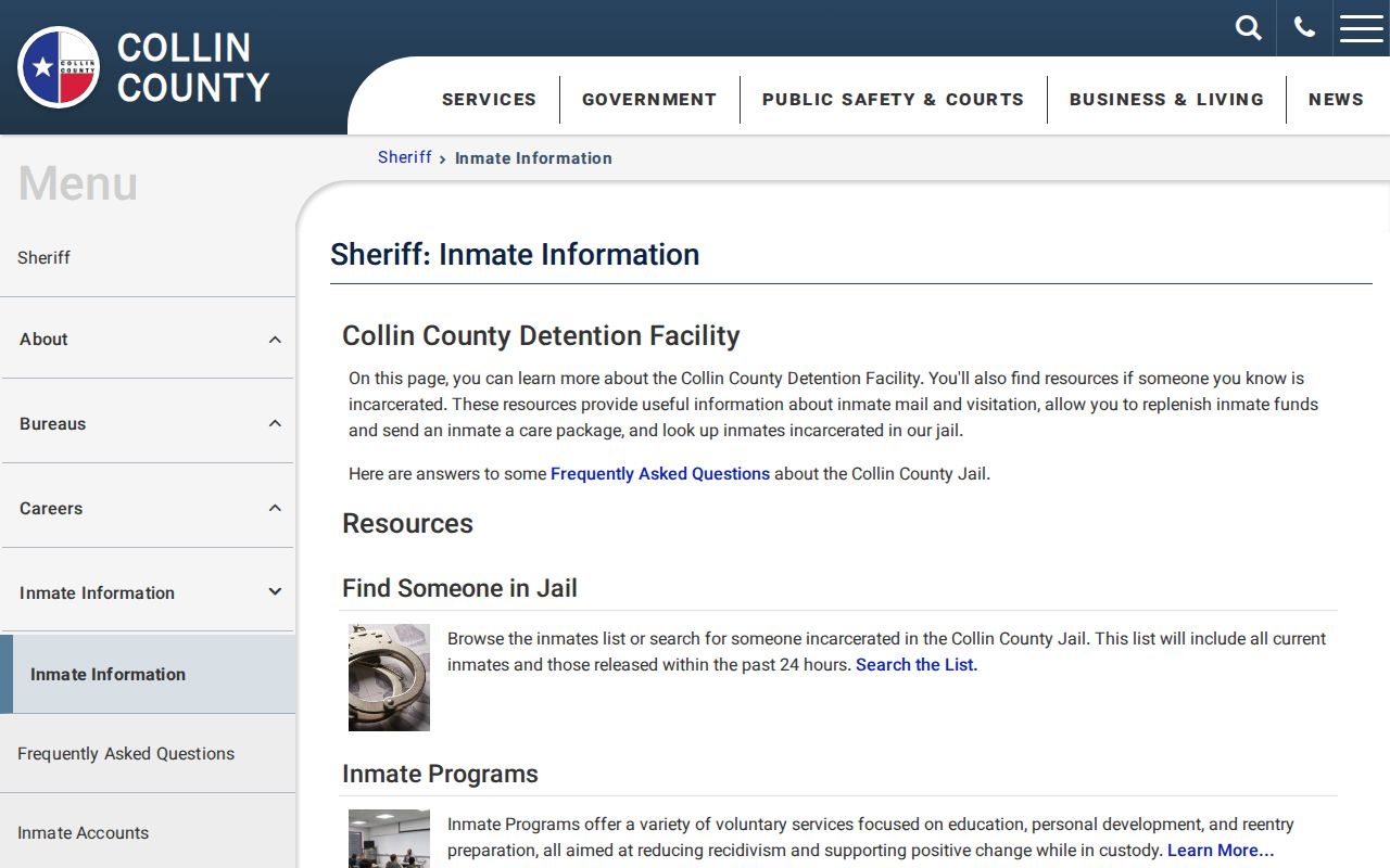 Plano resident lookup Collin County inmate information screen