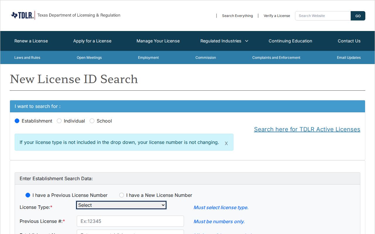 Plano resident lookup Texas TDLR license search screen